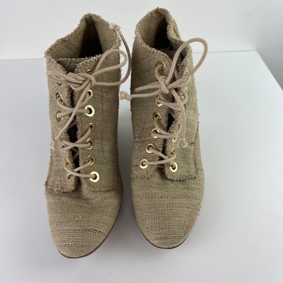 Stuart Weitzman Raffia Wood Heel Lace Up Wedge Heel Ankle Booties Size 8 - Picture 3 of 7